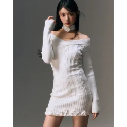 AGAM Cross Off-Shoulder Rose Collar Knit Dress White
