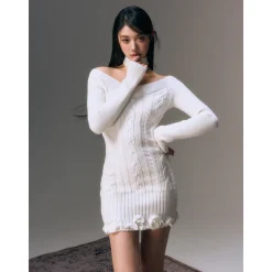 AGAM Cross Off-Shoulder Rose Collar Knit Dress White