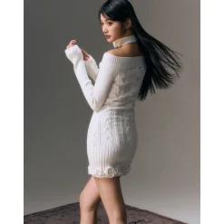 AGAM Cross Off-Shoulder Rose Collar Knit Dress White