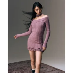 AGAM Cross Off-Shoulder Rose Collar Knit Dress Purple