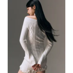 AGAM Cross Off-Shoulder Rose Collar Knit Dress White
