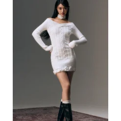 AGAM Cross Off-Shoulder Rose Collar Knit Dress White