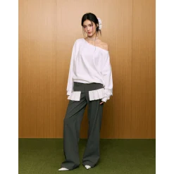 AGAM Fake-2-Piece Lace Patchwork Skirt Suit Pants Gray