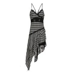 AGAM Irregular Hem Plaid Lace Patchwork Dress