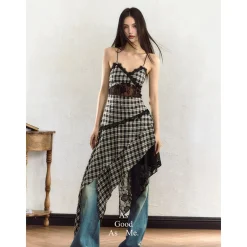 AGAM Irregular Hem Plaid Lace Patchwork Dress