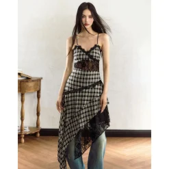 AGAM Irregular Hem Plaid Lace Patchwork Dress
