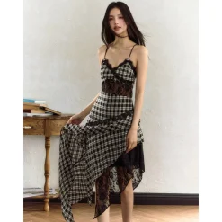 AGAM Irregular Hem Plaid Lace Patchwork Dress