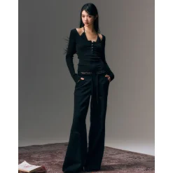 AGAM Lace Cutout Patchwork Straight-Leg Pants Black