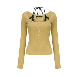AGAM Lace Halter Half Cardigan Henry Collar Top Yellow