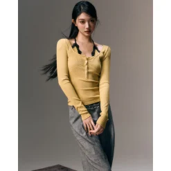 AGAM Lace Halter Half Cardigan Henry Collar Top Yellow