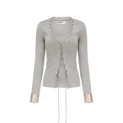 AGAM Lace Up Sequin Patchwork Knit Cardigan Vest Set