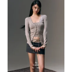 AGAM Lace Up Sequin Patchwork Knit Cardigan Vest Set