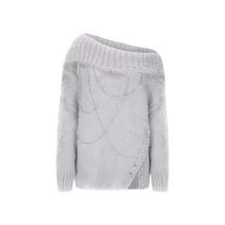 AGAM Lapel Collar Off-Shoulder Sweater Silvery Grey
