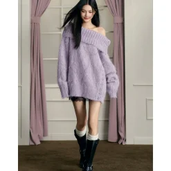 AGAM Lapel Collar Off-Shoulder Sweater Purple