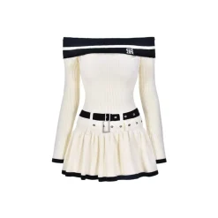 AGAM Off-Shoulder Double Waist Knit Dress Cream