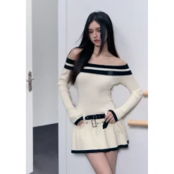 AGAM Off-Shoulder Double Waist Knit Dress Cream