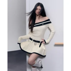 AGAM Off-Shoulder Double Waist Knit Dress Cream