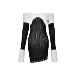 AGAM Off-Shoulder Fur Trim Knit Dress Black