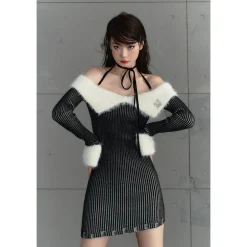 AGAM Off-Shoulder Fur Trim Knit Dress Black