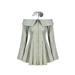 AGAM Off-Shoulder Striped Shirt Dress Green