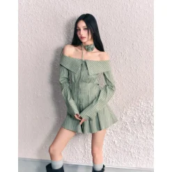 AGAM Off-Shoulder Striped Shirt Dress Green