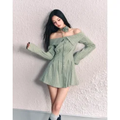 AGAM Off-Shoulder Striped Shirt Dress Green