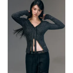 AGAM Ribbon Woolen Knit V-Neck Cardigan Black