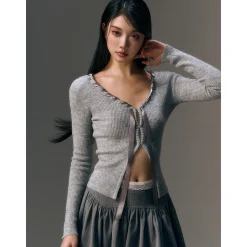 AGAM Ribbon Woolen Knit V-Neck Cardigan Gray