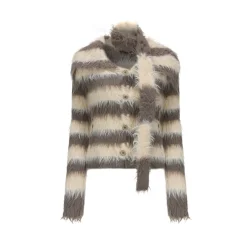 AGAM Striped Fuzzy Fur Cardigan Khaki