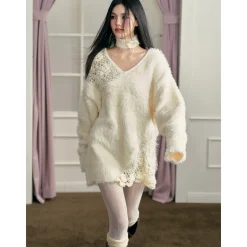 AGAM Super Soft V-Neck Crochet Sweater