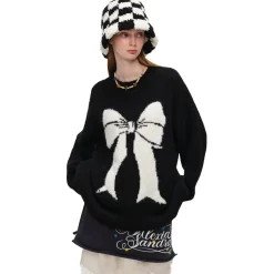 Alexia Sandra Contrast Color Bow Jacquard Knit Sweater Black