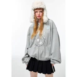 Alexia Sandra Printed Drop Shoulder Zip Up Hoodie Grey