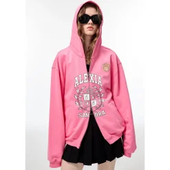 Alexia Sandra Printed Drop Shoulder Zip Up Hoodie Pink