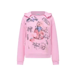 Alexia Sandra Printed Graffiti Rabbit Distressed Hoodie Pink