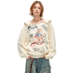 Alexia Sandra Printed Graffiti Rabbit Distressed Hoodie Yellow
