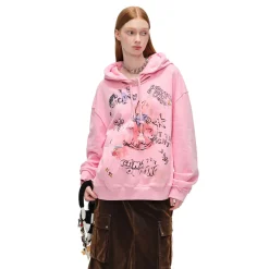 Alexia Sandra Printed Graffiti Rabbit Distressed Hoodie Pink
