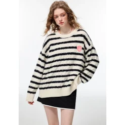 Alexia Sandra Striped Drop Shoulder Knit Sweater Black