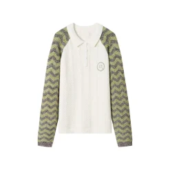 Andrea Martin Color Blocked Textured Logo Knit Polo Sweater White