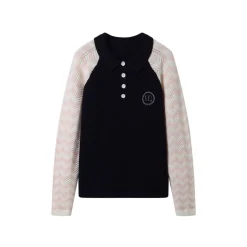 Andrea Martin Color Blocked Textured Logo Knit Polo Sweater Navy