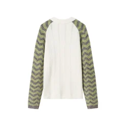 Andrea Martin Color Blocked Textured Logo Knit Polo Sweater White