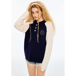 Andrea Martin Color Blocked Textured Logo Knit Polo Sweater Navy