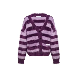 Ann Andelman Color Blocked Striped Woolen Cardigan Purple