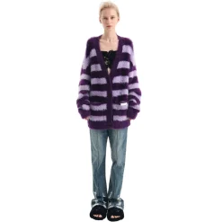 Ann Andelman Color Blocked Striped Woolen Cardigan Purple