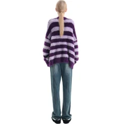 Ann Andelman Color Blocked Striped Woolen Cardigan Purple
