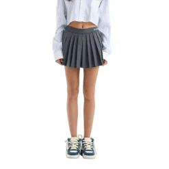 Ann Andelman Embroidery Logo Pleated Short Skirt Grey