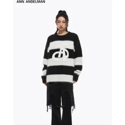 Ann Andelman Embroidery Logo Striped Knit Sweater