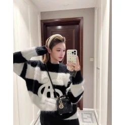 Ann Andelman Embroidery Logo Striped Knit Sweater