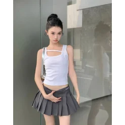 Ann Andelman Embroidery Logo Pleated Short Skirt Grey