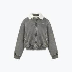 Ann Andelman Logo Embroidery Fleeced Denim Jacket Grey