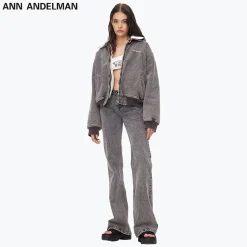 Ann Andelman Logo Embroidery Fleeced Denim Jacket Grey